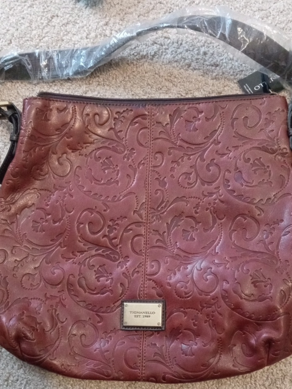 Tignanello Embossed Floral Leather Shoulder Bag - Burgundy Brown